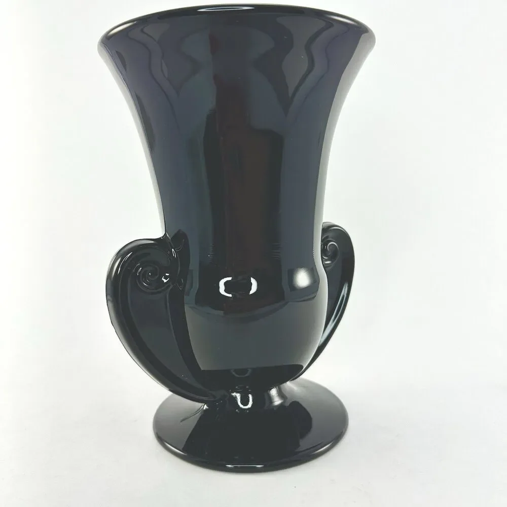 Fostoria Sakier Ebony Black Glass Urn Vase #2467 Scroll Handles 7” 1930s